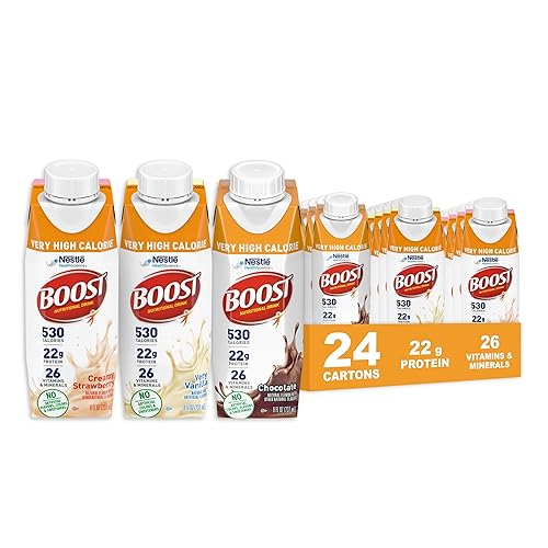 BOOST Very High Calorie Nutritional Drink – Helps Weight Gain & Maintenance -530 Calories -26 Vitamins & Minerals - 22 g Protein - Variety Pack - Vanilla, Chocolate & Strawberry - 8 fl oz (Pack of 24) - Variety Pack - 192 Fl Oz (Pack of 1)