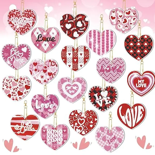 Tondiamo 20 Pcs Valentine's Day Diamond Painting Keychain Kits with Tools Love Heart Diamond Painting Keychain Hanging Diamond Painting Keychains for Kids DIY Ornaments