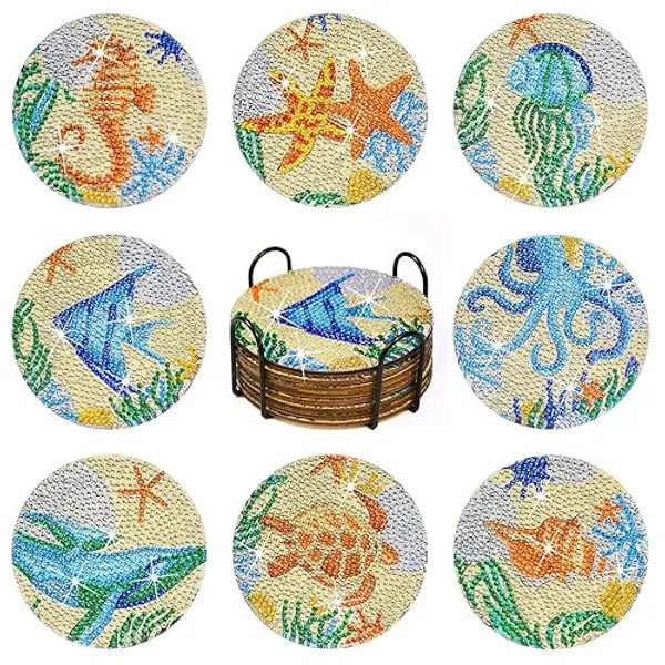 Praise V Do 8Pcs Diamond Painting Coasters Kit with Holder Cork Base, DIY Beach Theme Sea Ocean Life Coastal Coasters Diamond Painting Kit for Beginners, Adults DIY Diamond Art Craft