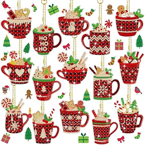 15 Pieces Christmas Diamond Painting Keychain Diamond Painting Ornaments 5D DIY Diamond Painting Keychain Hot Cocoa Christmas Diamond Art Ornaments for Kids Christmas DIY Crafts (Buffalo Plaid)