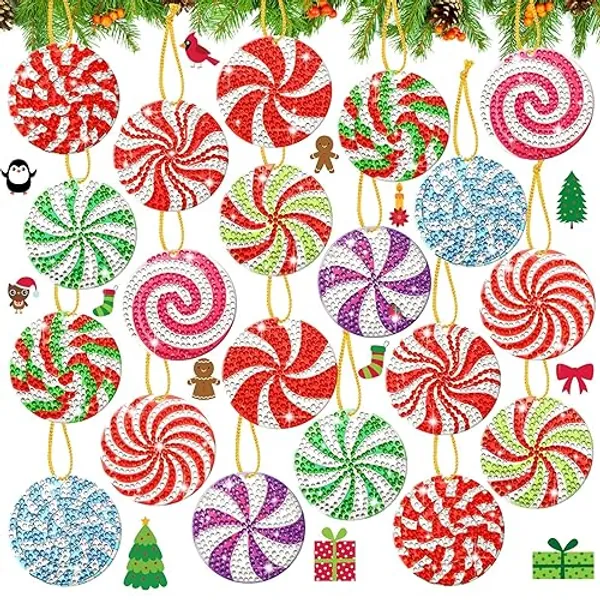 Skylety 20 Pcs Christmas Diamond Painting Ornaments Tags DIY Candy Xmas Diamond Painting Key Chain for Christmas Tree Decor Hanging Pendant Gift Wrap Tags with Ropes Holiday Party Decoration