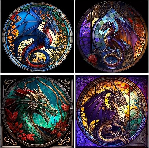 RYMILIE Diamond Painting Kits for Adults - 4 Pack Dragon DIY 5D Diamond Art Kits Full Drill Diamond Dots Paintings with Diamonds Gem Art and Crafts Home Decor 【13.78x13.78inch】 - 4 Pack Dragon