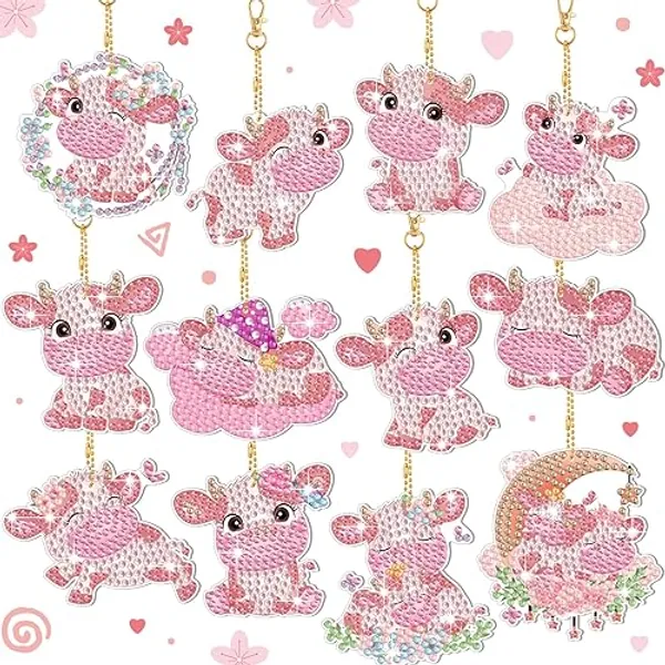 Thinkday 12 Pcs 5D DIY Cow Diamond Painting Keychain Kit Cute Pink Cow Diamond Pendant Hanging Animal Diamond Art Ornaments for Adult Beginners Christmas Bag Birthday Home Party Decor