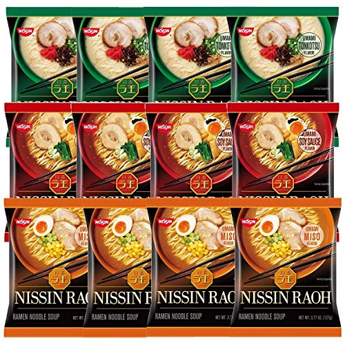 Nissin RAOH Ramen Variety Packs Noodle Soup, Tonkotsu, Soy Sauce, and Miso, Forks Included (Pack of 12)