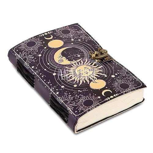 ANANYOM Handmade Leather Journal, Purple, Sun & Moon Vintage Leather Notebook Diary Sketchbook, Brass Clasp Lock Journal for Men & Women, Journal Handmade Unruled 200 Pages, Size 8 (L) x 6 (W) inches - Handmade Paper - 8x6 inch