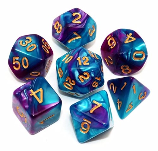 DND-Würfelset für Rollenspiele, polyedrisch, für Dungeon and Dragons, D&D, Rollenspiele, 7-teilig, Seeblau-Lilatöne - Lake Blue & Rose Dcie