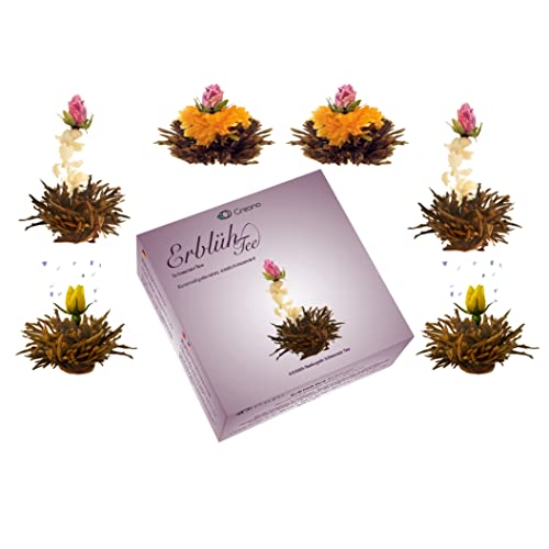 Creano 6 Teeblumen Erblühtee in edler Geschenkbox zum Probieren - Schwarztee (3 verschiedene Sorten Teerosen)