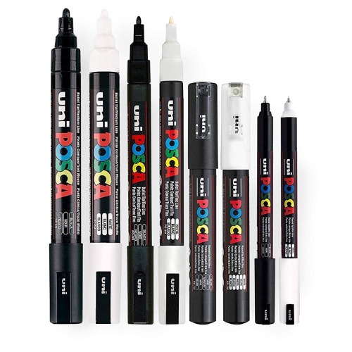 POSCA Stifteset, schwarz und weiß, dünne bis mitteldicke Spitze, 8 Stifte (PC-5M, PC-3M, PC-1M, PC-1MR) - 
