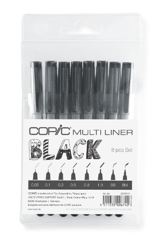 Multiliner Set schwarz, 8 Stifte in 8 verschiedenen Strichstärken mit wasserfester Pigmenttinte, wischfest und UV beständig, für Skizzen und Illustrationen - Copic Multiliner SP Color Set