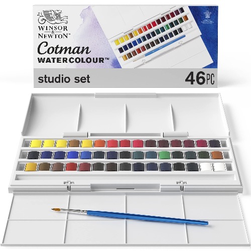 Winsor & Newton 0390471 Cotman Half Pan Studio Aquarellfarben Set, lebendige Wasserfarben mit hoher Lichtechtheit, große Farbauswahl, Alterungsbeständig - 45 Farben in 1/2 Näpfen, Mischpalette - 45 Farben - Aquarellkasten in 1/2 Näpfe Cotman Aquarell - Set