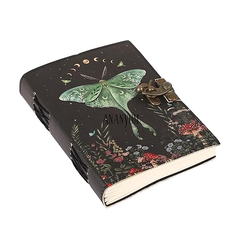 ANANYOM Handmade Leather Journal, Luna Moth and Morpho Butterfly Vintage Leather Notebook Diary Sketchbook, With 200 Blank White Paper, Unruled, Brass Clasp Lock Journal for Men & Women, Black - White Paper 8 x 6 Inch