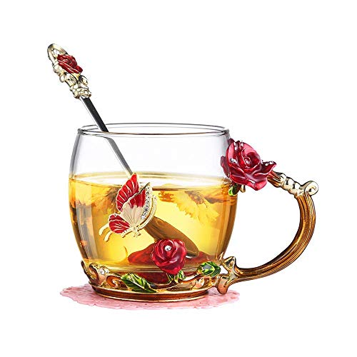 evecase Enamel Butterfly Flower Glas Kaffeetassen Teetasse Geschenke für Frauen.Personalisierte Geschenke für Mama y Freundin zum Geburtstag Weihnachtsgeschenke Muttertagsgeschenk - Rose