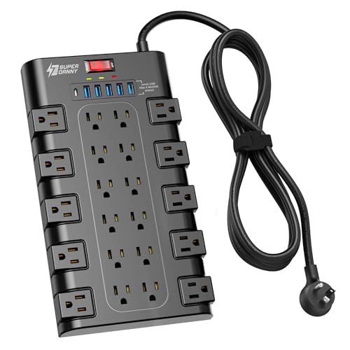 Power Strip Surge Protector, SUPERDANNY 8Ft Long Extension Cord with 6 USB Charging Ports and 22 AC Outlets, 1875W/15A, 2100 Joules, Flat Plug Power Outlet for Home, Office, Dorm, Gaming Room, Black - 8 ft - Black