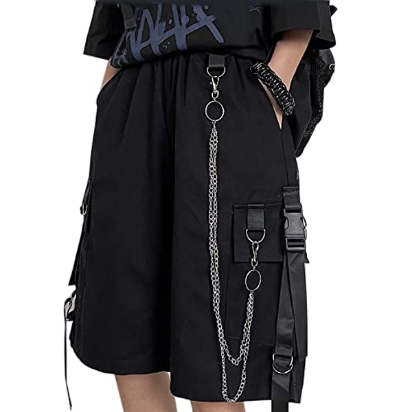 MEINVQIAOTI Black Cargo Pants for Women Street Harajuku Loose Straight Shorts Black Pants with Chains