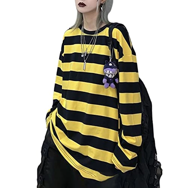 Women Harajuku Oversized Stripe Casual Long Sleeves Crewneck T-Shirt Tee Tops