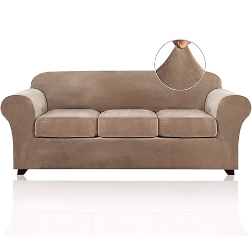 4 Pieces Sofa Covers Stretch Velvet Couch Covers for 3 Cushion Sofa Slipcovers Soft Sofa Slip Covers Furniture Covers with 3 Individual Seat Cushion Covers, Machine Washable (Large, Camel) - Large - Camel
