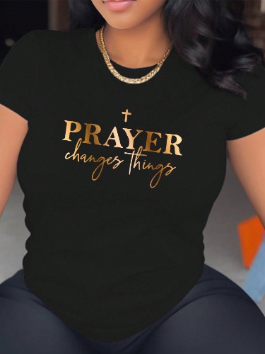 SHEIN Gradient Print English Letter T-Shirt For Spring And Summer PRAYER Changes Things Graphic Tees Women Tops