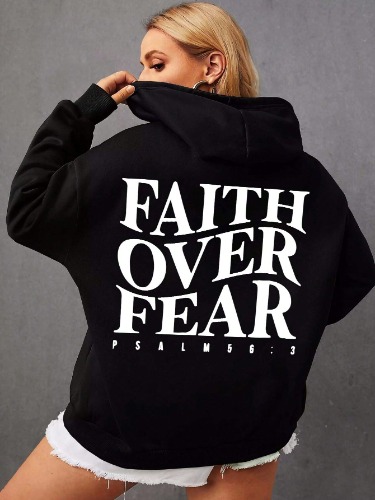 Faith Conquers Fear, Letter Slogan Printed Casual Women's Black Sportswear, Full Of Vitality In Spring And Autumn, Showcasing A Youthful Style Hooded Sweatshirt, Suitable For Daily Wear