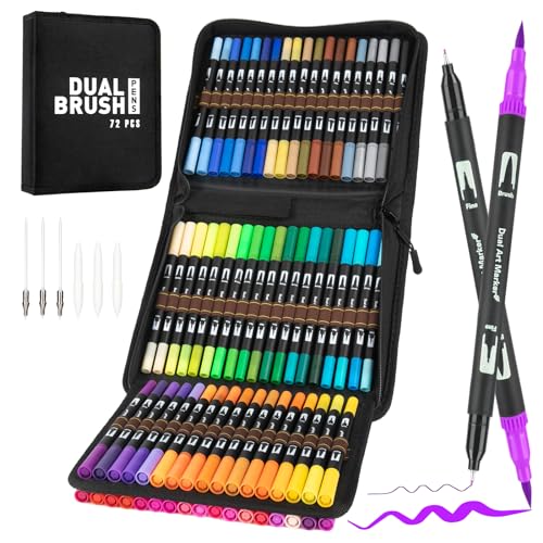 APOGO Colouring Pens for Adults & Kids, 72 Felt Tip Pens, Dual Tip Brush Pens for Colouring, Lettering, Drawing, Bullet Journal, Coloured Pens for Adult Colouring Books, Adult Colouring Pens - 72