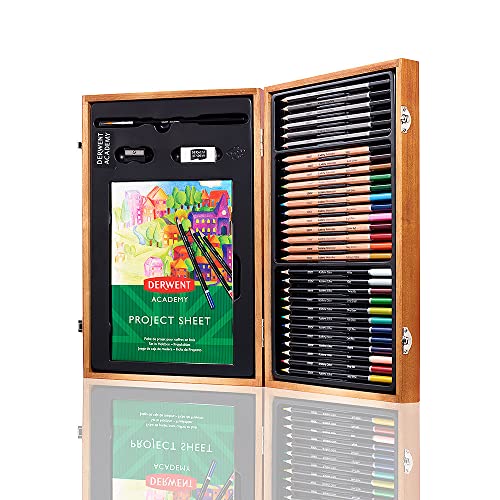 Derwent Academy Wooden Gift Box,Complete 35 Piece Art Set with Colouring Pencils,Pastels & Accessories, Ideal Collection for Drawing, Sketching & Crafts, Premium Hobbyist Quality Kit, 2300147 - Colouring & Sketching Art Set