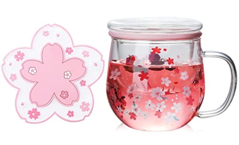 Cherry Blossom Glass Cup and Coaster, Glass Teacup with Infuser and Lid, 300ml Clear Pink Flower Tea Infuser Mug Heat Resistance Borosilicate Glass Drinking Cup, Ideal for Tea Lovers