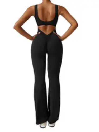 Women's Cut Out Ruched Backless Flare Leg Tank Sports Jumpsuit, Summer Clothes Women, Spring Outfit, Ramadan Decoration Breathable Seamless Scoop Neck Sleeveless Bell Bottom Jumpsuit, Body Jumpsuit, Womenswear Sportswear Clothing for Summer