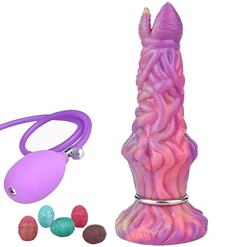 Alien Ovipositor Dildo with 5 Balls, 8 Inch Luminous Silicone Dildo with 5 Eggs for Women, Men, Couples Adult Sex Toy, Fantasy Knot Dildo Glow in The Dark Harness Compatible - Purple Inflatable Pump - Purple Pump