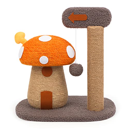 RAIN QUEEN Mushroom Cat Scratcher Post, 2-in-1 Mushroom Claw Scratcher with Hanging Ball & Toys for Kittens, Scratching Posts for Indoor Cats with Natural Sisal Rope to Satisfy Cats’ Claw Instincts