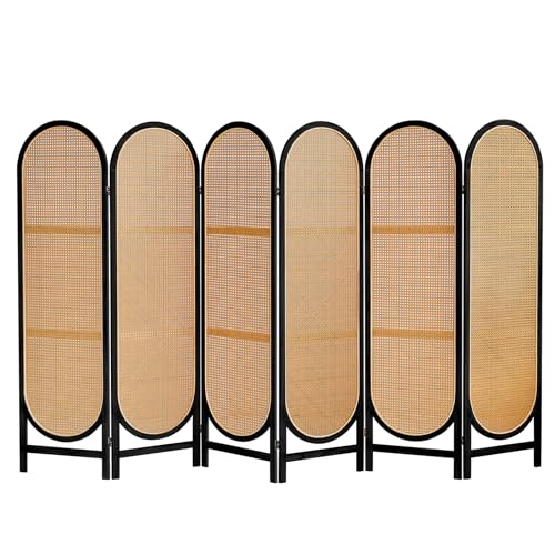 BMWEI 6 Panels Room Dividers, Foldable Wooden Room Dividers, Individual Privacy Screens Made of Hand-Woven Rattan, Portable Wall Dividers for Home Office Bedroom Bathroom Dressing Room (Black Brown) - Black Brown - 6 Panels