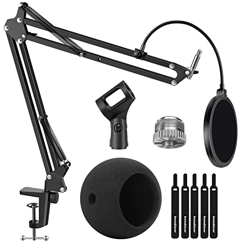 InnoGear Adjustable Mic Stand for Blue Snowball and Blue Snowball iCE Suspension Boom Scissor Arm Stand with Microphone Windscreen and Dual Layered Mic Pop Filter, Max Load 1.5 KG, Medium - Medium