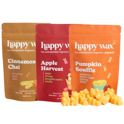 Happy Wax Savory Mix Premium Scented Natural, Non Toxic Soy Wax Melts – 6 Total Oz. of Scented Wax Melts. Includes: Cinnamon Chai, Apple Harvest, and Pumpkin Soufflé