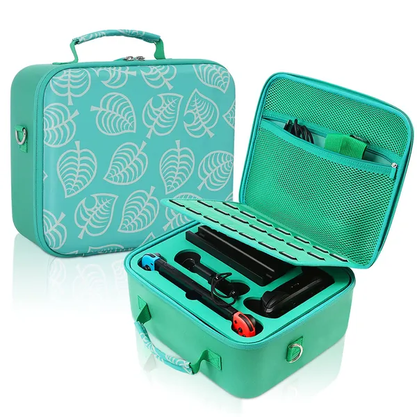 Large Carrying Storage Case for Nintendo Switch, New Leaf Crossing Hard Shell Travel Cases Fits Complete Switch System Console, Switch Dock,Pro Controller,Joy-Con Grip with 21 Games Cards Slots - Large teal animal crossing case