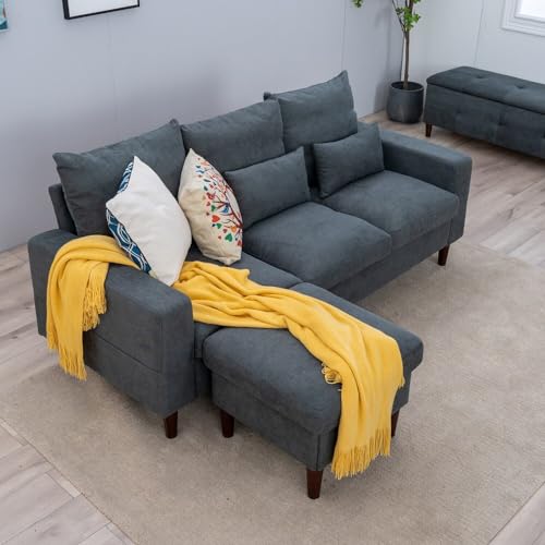 Panana 3-Seater Sofa with Reversible Chaise, Linen Fabric Sofa Couch with Footstool, Grey - Grey - 3 Seater with Footstool