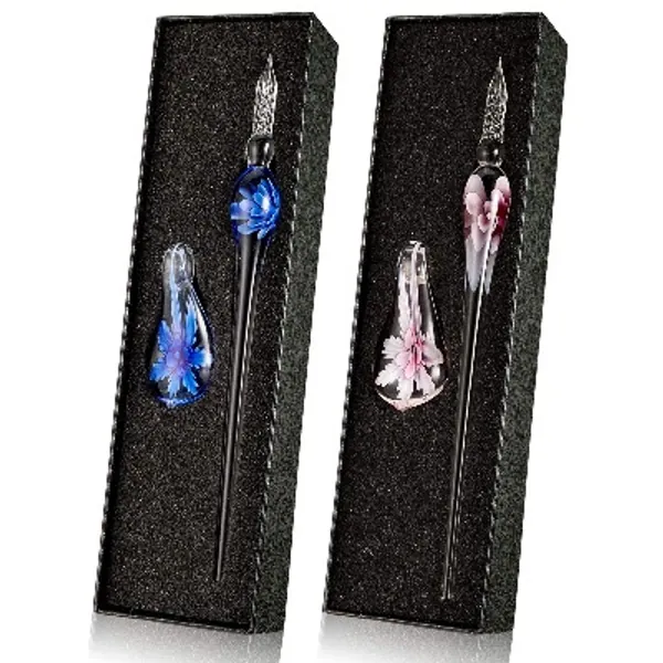 2 Pieces Handmade Glass Dip Pens Flower Crystal Glass Pen Vintage Dip Ink Signature Pen Clear High Borosilicate Glass Pen for Writing, Drawing, Calligraphy, Decoration