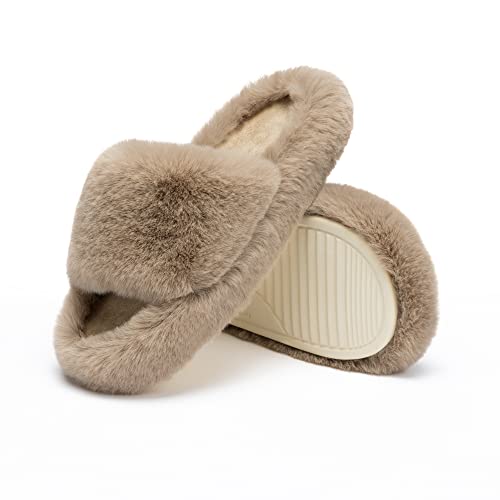 Chantomoo Women's Slippers Memory Foam House Bedroom Slippers for Women Fuzzy Plush Comfy Faux Fur Lined Slide Shoes Anti-Skid Sole Trendy Gift Slippers - 7-8 - Light Brown
