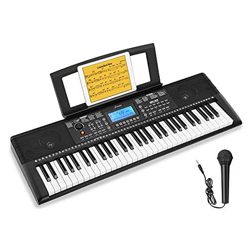 Donner DEK-610 Piano Keyboard, 61 Keys Digital Piano for Beginner/Professional, Electric Piano with Music Stand & Microphone, Supports MP3/USB MIDI/External Audio/Microphone/Headphones/Sustain Pedal - Compact - DEK610 Black