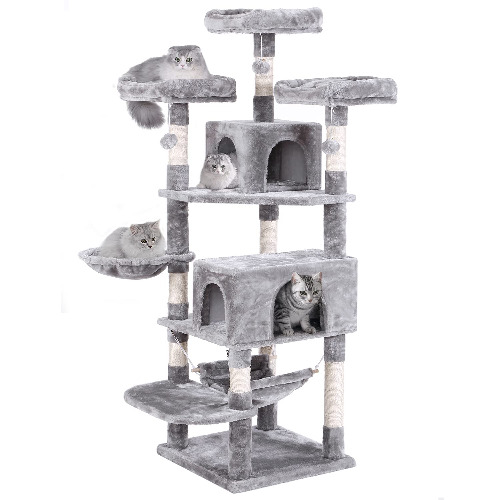 BEWISHOME Cat Tree 66.3 Inch Multi-Level Large Cat Tower for Indoor Cats with Plush Top Perches, Sisal Scratching Post Cat Play House Kitty Activity Center MMJ14 - Pattern A/Light Grey