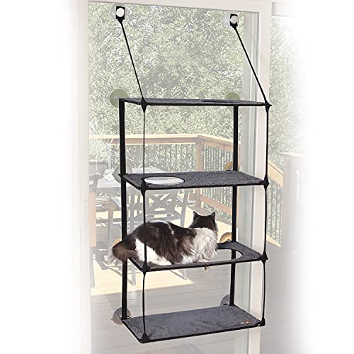 K&H PET PRODUCTS EZ Mount Window Sill Cat Bed, Cat Window Hammock, Sturdy Cat Window Perch for Large Cats, Cat Window Bed Cat Furniture, Cat Hammock for Window Cat Perch Cat Shelf - Quad Stack Gray - 12 X 23 Inches - Quad Stack