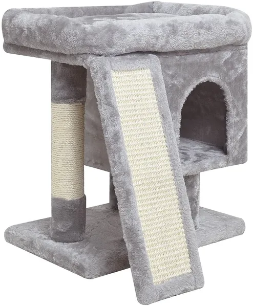 SYANDLVY Small Cat Tree, Modern Cat Activity Tower with Padded Perch, Kittens Condo with Scratching Post and Board, Cat Cave - Light Grey