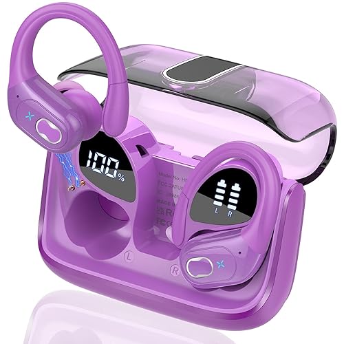 Aptkdoe Wireless Earbuds 75hrs Bluetooth 5.3 Headphone Sport, 2024 Bluetooth Earbuds Stereo Deep Bass Over Ear Bud with Earhooks, ENC Noise Cancelling Mic, IPX7 Waterproof Earphone, Purple - Purple