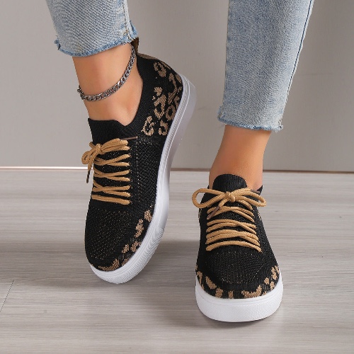 Lace-Up Leopard Flat Sneakers - Black / 39(US8)