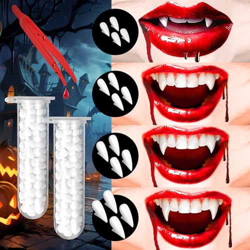 EWPJDK Vampire Teeth 4 Sizes 8 Pairs Halloween Decorations Party Cosplay Props Vampire Fangs Fake Teeth with Adhesive Halloween White Favors Accessories Gift - 8 Pack