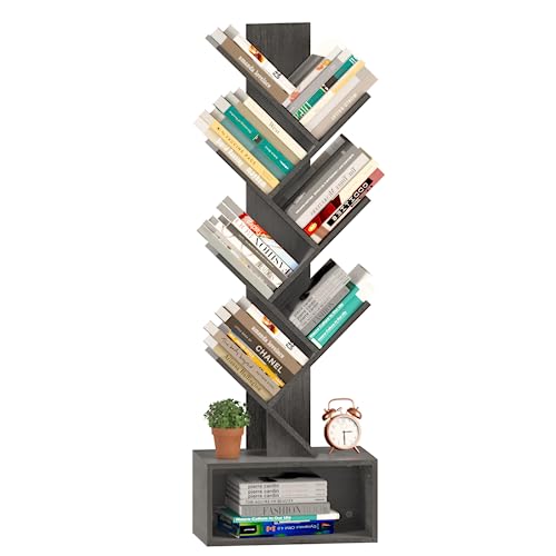 Yoobure Tree Bookshelf - 6 Shelf Retro Floor Standing Bookcase, Tall Wood Book Storage Rack for CDs/Movies/Books, Utility Book Organizer Shelves for Bedroom, Living Room, Home Office, Dark Grey - Charcoal Gray