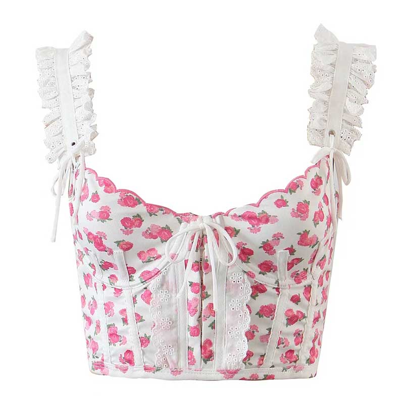 Crop Top with Floral Corset Design - L