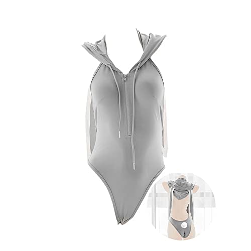 JasmyGirls Sexy Bunny Cosplay Lingerie Japanese Anime Hoodie Costume Kawaii Maid Outfit Lolita Zipper Bodysuit Rabbit Ear Hoodie - Grey - X-Small - Medium