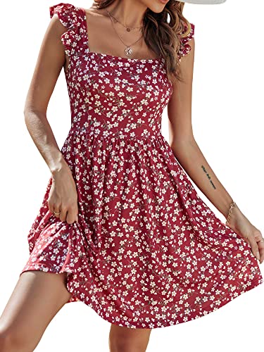 Loemes Summer Cute Floral Flowy Knee Length Sundressses Beach Dress for Women 2023 - Burgundy Floral - Large