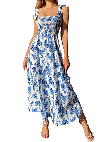 MakeMeChic Women's Summer Boho Dress Floral Print Spaghetti Strap Square Neck Shirred Maxi Dress Beach Sun Dress - Large - Blue/White
