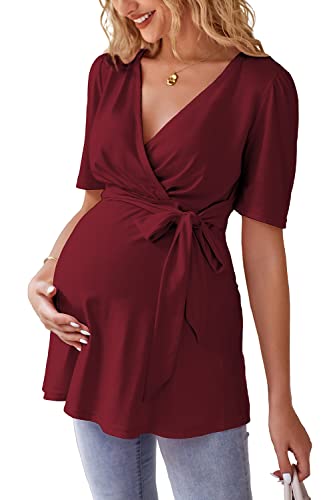 LAISHEN Women's Maternity Shirts Short Sleeve Wrap Tie Front Maternity Summer Clothes Pregnancy Blouse Tops - Burgundy - Large