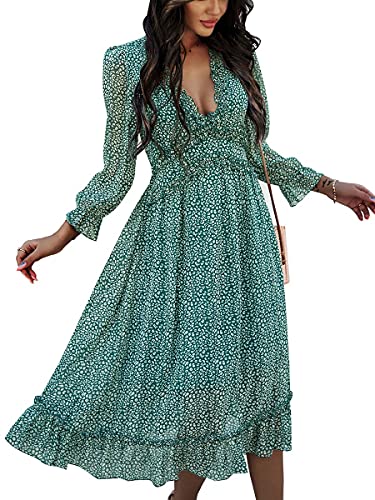 MOPOOGOSS Womens Fall Spring Summer Sexy V Neck Ruffle Long Sleeve Short Sleeve Floral Print A Line Long Midi Dress - Large - 1# Green