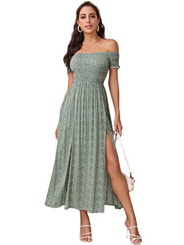 Floerns Women's Boho Floral Print Off Shoulder Split Long A Line Dress - Large - Green/White
